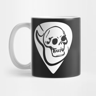 White guitar pick with a dark skull and textured guitar silhouette. Rock/Roll lovers. Mug